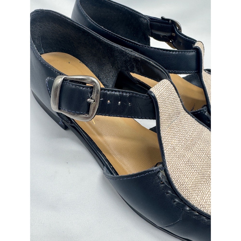 Westies T-Strap Flats Womens 8M Navy Blue Leather Linen Vintage Excellent Brazil - Picture 8 of 13
